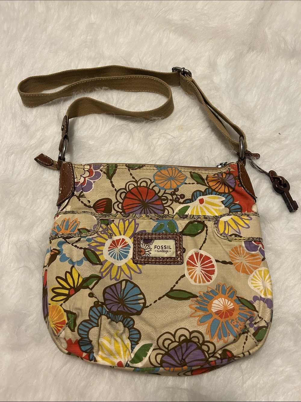 Fossil Multicolor Floral Beige Crossbody Bag
